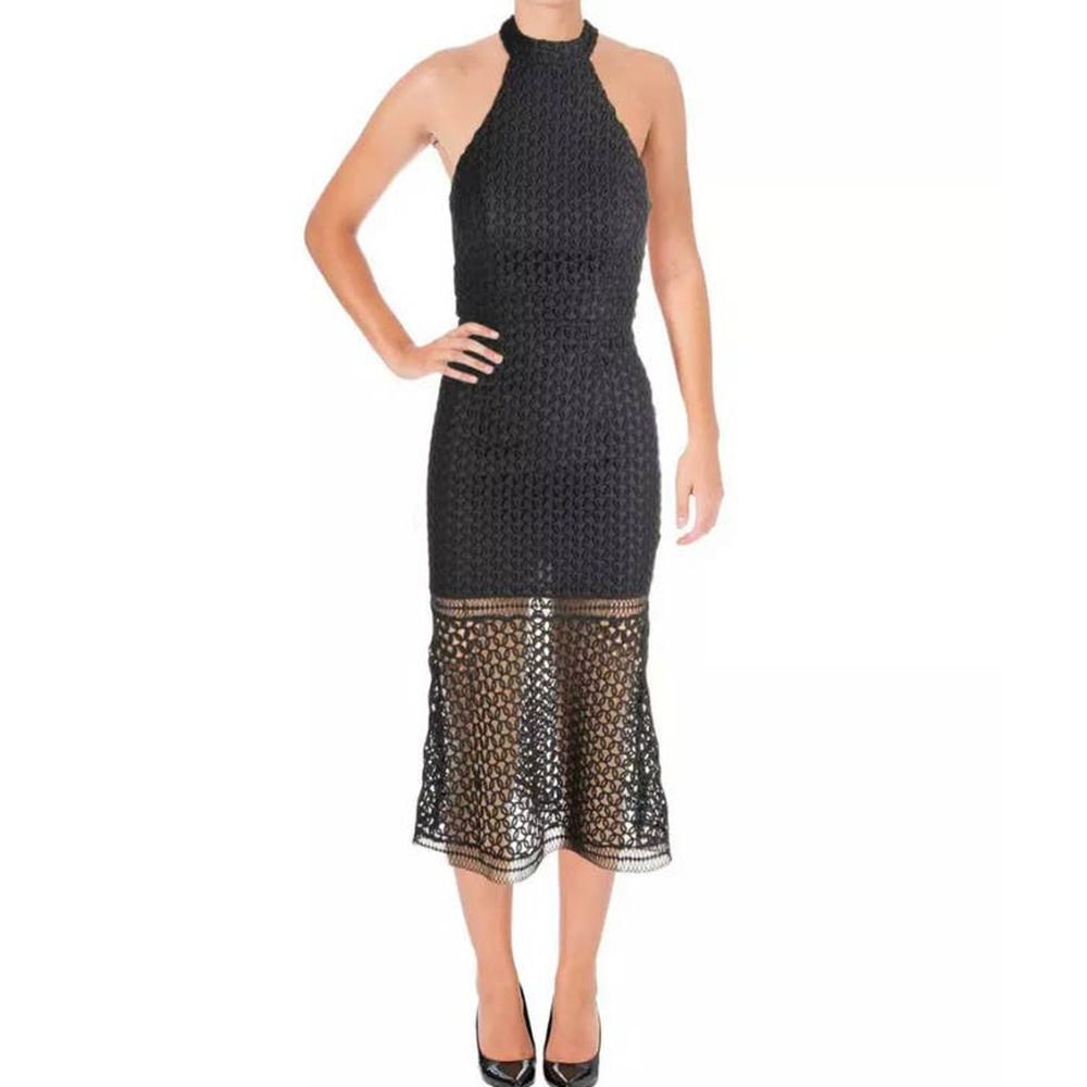 JARLO Vamp Femme Fatale Tea Length Crochet Halter Goth Mermaid Cocktail Dress